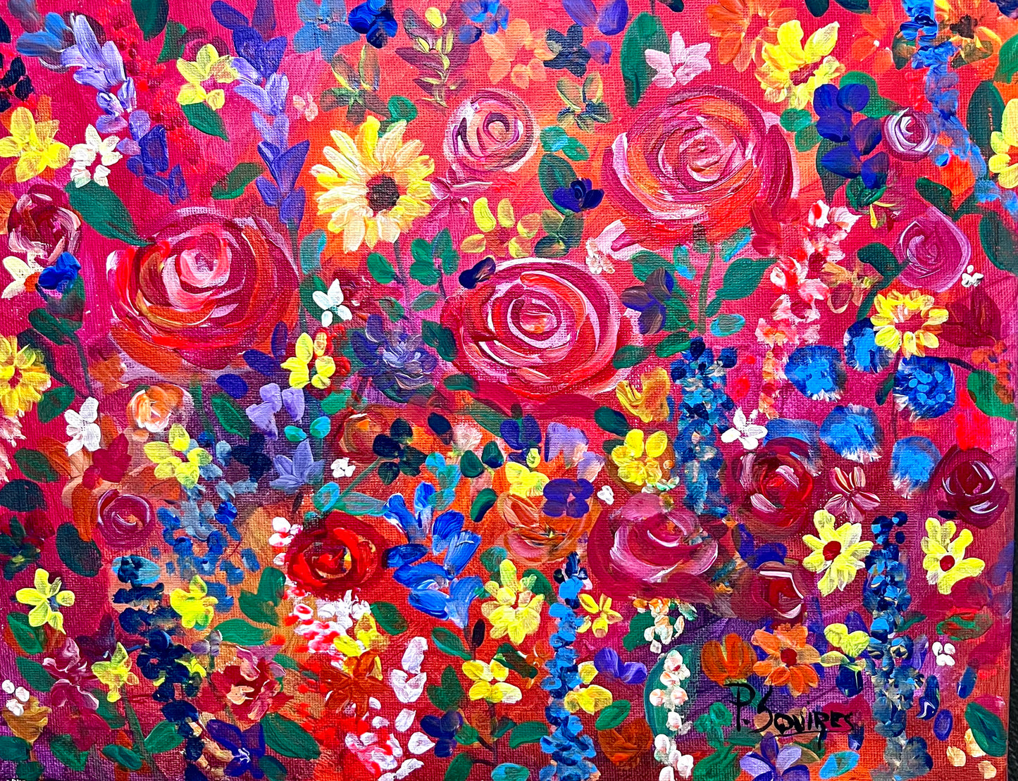 Rose and Daisy Garden Original Painting by Pamela Squires