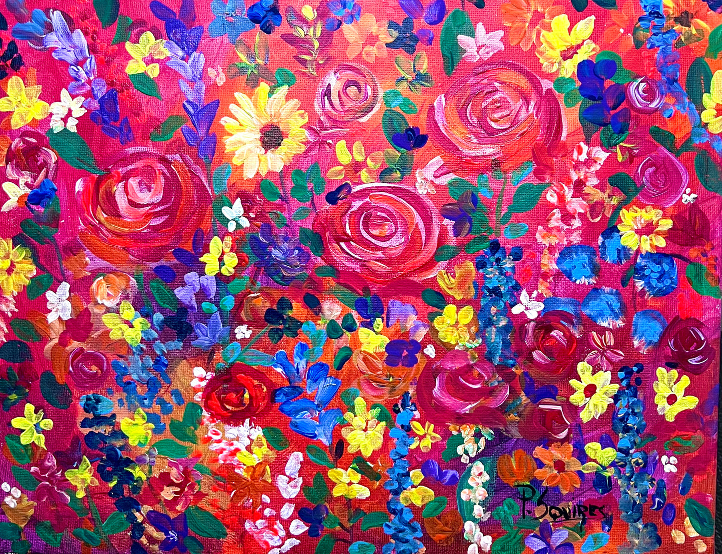 Rose and Daisy Garden Original Painting by Pamela Squires